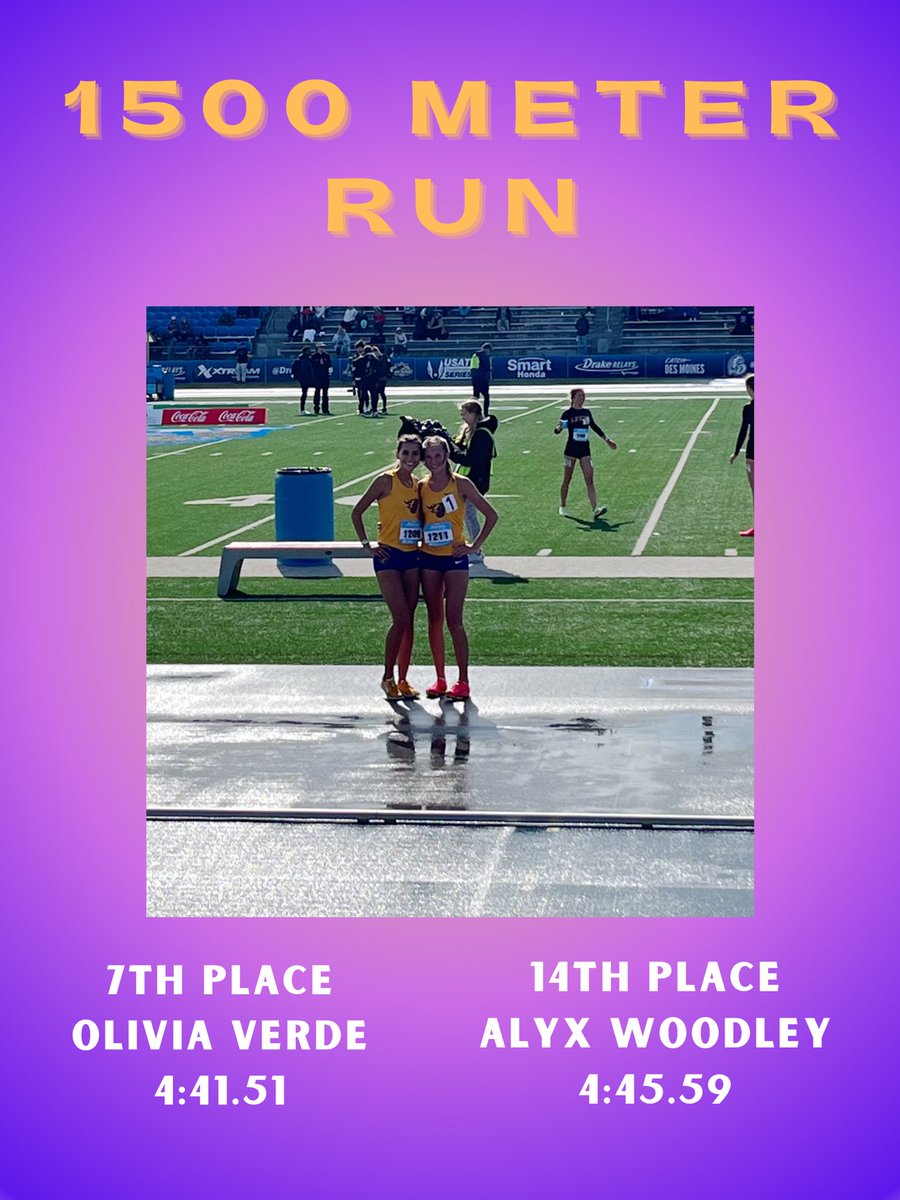 Both Alyx and Olivia ran the 1500 Meter Run today at Drake. Both improved their season best time. Great run ladies💜💛<a href="/JCSD__Athletics/">Johnston Athletics & Activities</a> <a href="/JohnstonCSD/">Johnston Schools</a>