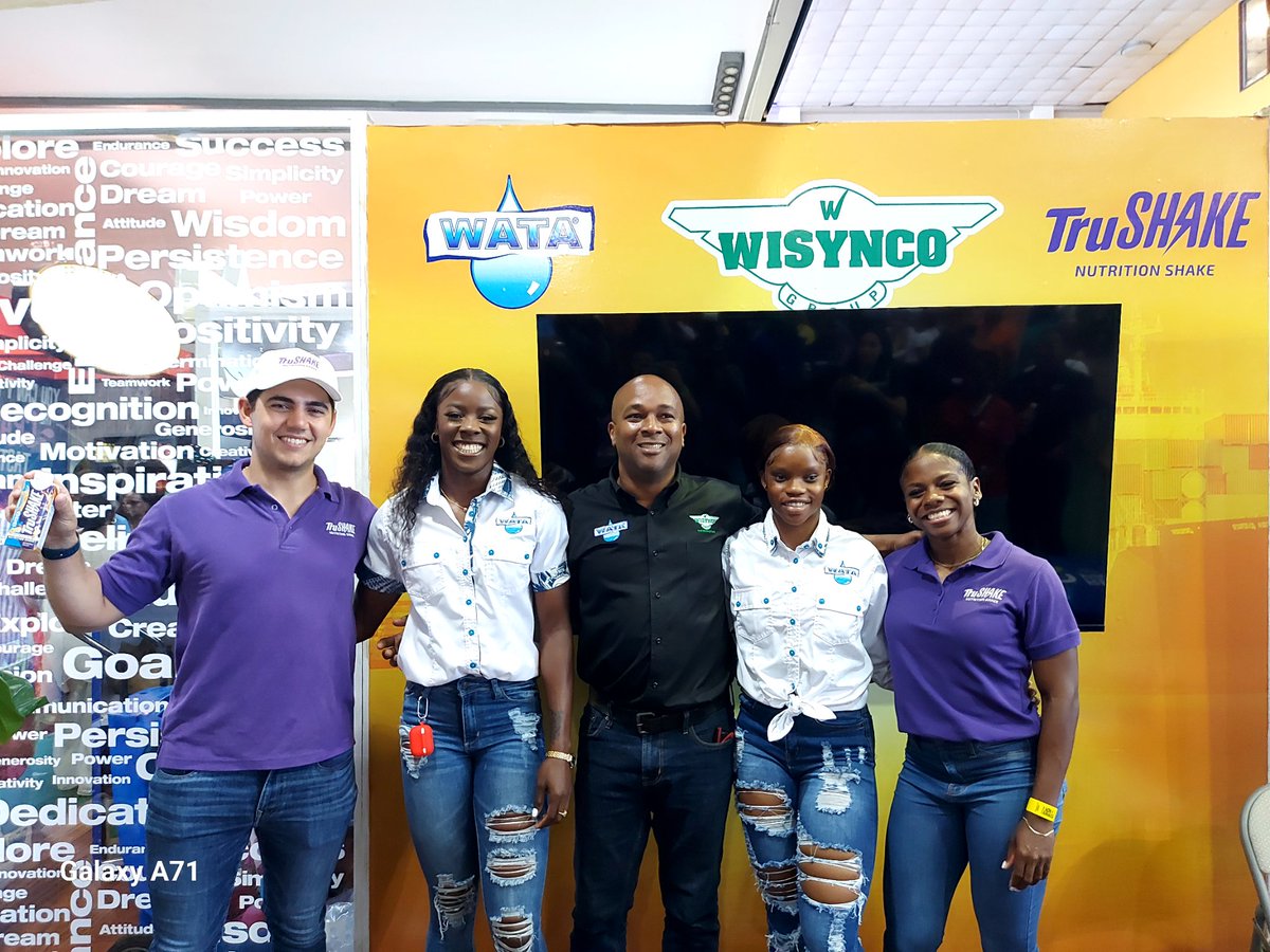 stephendawkin's tweet photo. The stars came out. Champion Brand Ambassadors: Fraser, Shericka, Tia, Megan at the @Wisynco booth ! @theJMEA_ #ExpoJamaica2023 @OfficialWATA #TruShake #GrapeWata https://t.co/fjB3rnXWDl