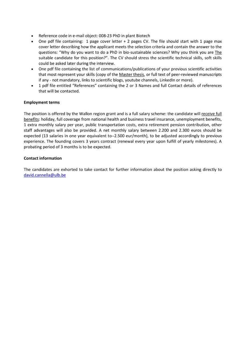 Fully Funded PhD Position available in Canella group at the University of Libre de Bruxelles -ULB (ulb.be/en), Belgium 🇧🇪 on the development of plant biostimulants! 

Interested Applicants should Email: david.canella@ulb.be

Application Deadline: 15 th May, 2023.