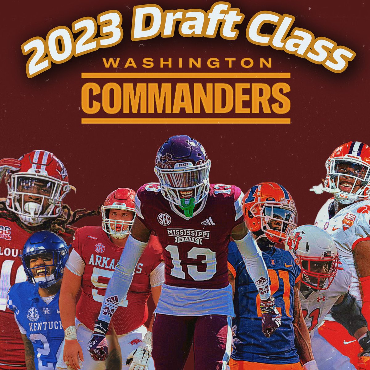 The @Commanders Rookies

Thoughts?

1:16 CB Emmanuel Forbes MissState 

2:47 S Jartavius Martin Illinois 

3:97 C Ricky Stromberg Arkansas 

4:118 T/G Braeden Daniels Utah

5:137 Edge K.J Henry Clemson

6:193 RB Chris Rodriquez Jr Kentucky 

7:233 OLB Andre Jones Louisiana