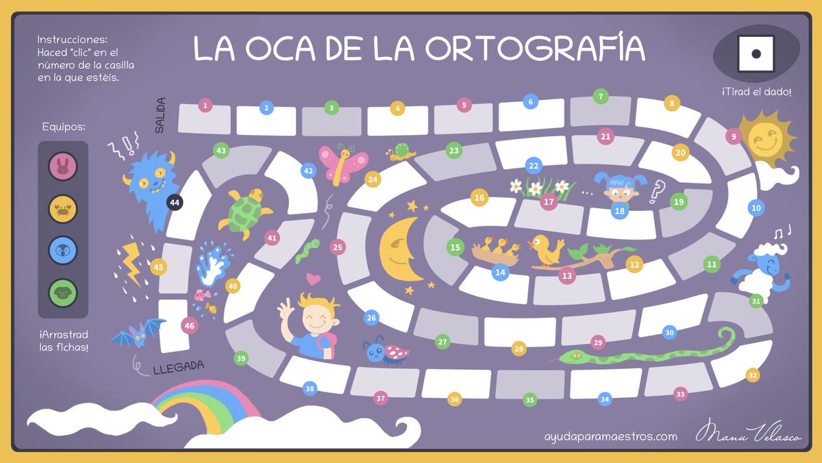 La oca de la ortografía (editable y reutilizable). 👉 ayudaparamaestros.com/2022/02/la-oca… Por <a href="/Manu___Velasco/">Manu Velasco</a>