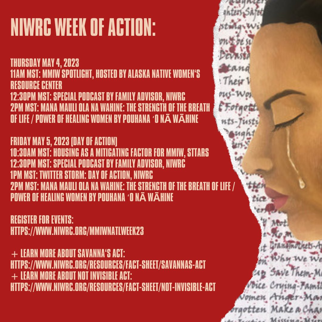 May 5th National Day of Awareness for Missing + Murdered Indigenous Women + People’s week of action begins 5/1 - 5/5 with NIWRC + Rising Hearts has 3 events 5/2, 5/3, 5/5-7. Wear red in solidarity. Participate. Learn. Amplify. Sign up for one or all: linktr.ee/risinghearts