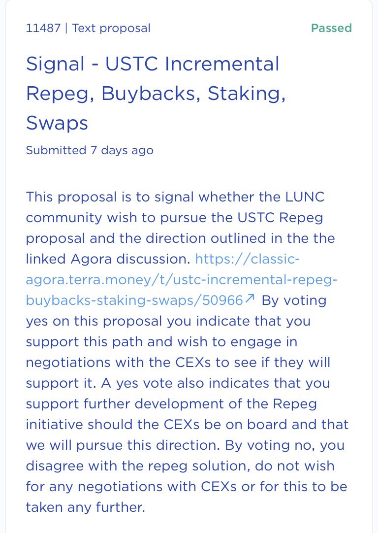 BREAKING: $LUNC signal proposal #11487 $USTC incremental repeg, buybacks, staking, swaps has passed governance. 💎🤲🏻 #Crypto