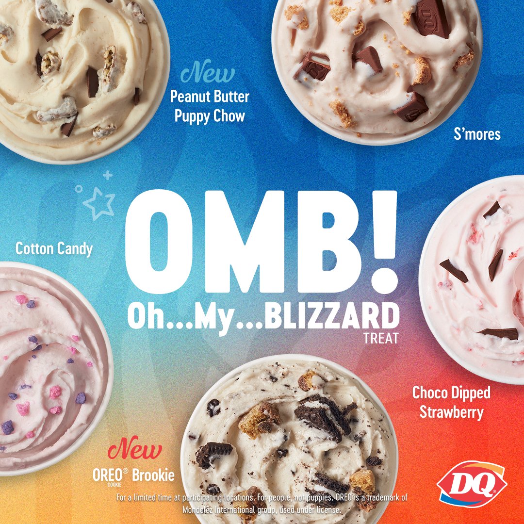 dq_emerson's tweet photo. The NEW Summer BLIZZARD Treat Menu has arrived with five seasonal flavors! Try NEW Peanut Butter Puppy Chow, NEW OREO® Brookie, S’mores, Choco Dipped Strawberry, and Cotton Candy.  Stop by Emerson Dairy Queen to treat yourself today! https://t.co/l1ci9r1kBi