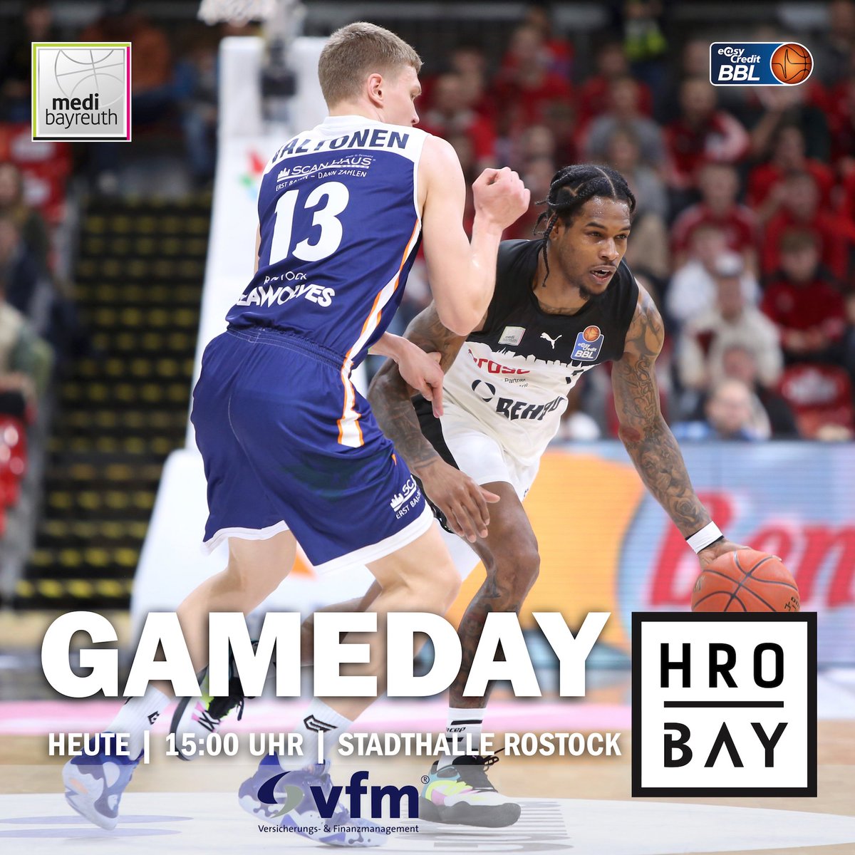 Wir wollen heute an der Ostseeküste noch einmal alles geben! #gomedi #WeAreMedi
🏀 <a href="/easyCreditBBL/">easyCredit BBL</a> 
🆚 <a href="/HRO_Seawolves/">Rostock Seawolves</a> 
⏰ 15:00 Uhr
📍 StadtHalle Rostock
📺 Magenta Sport
📸 Marcus Förster
#BAYHRO #Gameday
... powered by Die <a href="/vfm_Gruppe/">vfm-Gruppe</a>