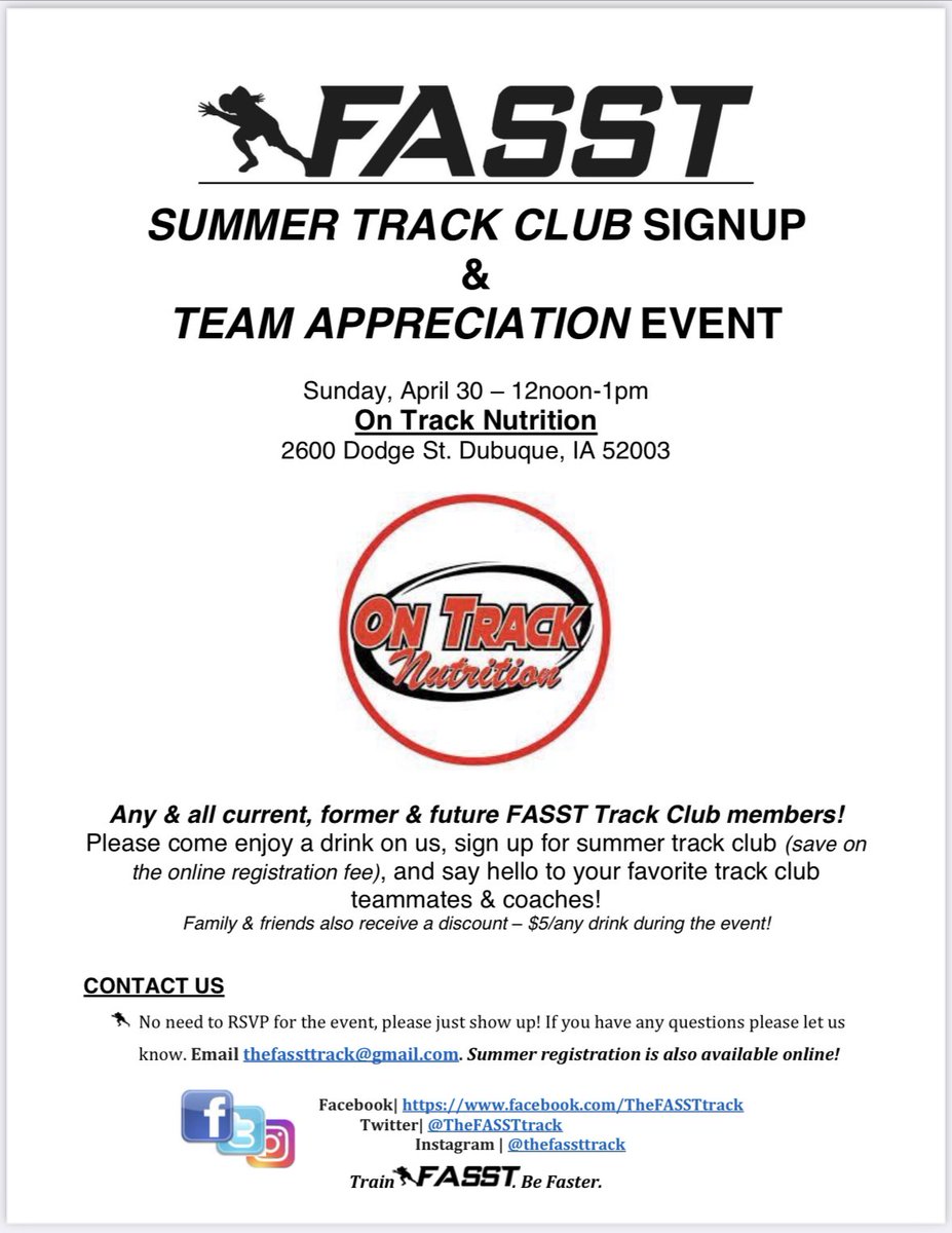 Tomorrow❗️
SUMMER TRACK CLUB SIGNUP
TEAM APPRECIATION❗️

Join us at On Track Nutrition to kickoff Summer and celebrate track and field. 

#trackandfield