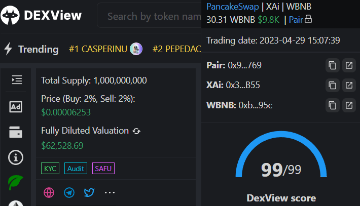 🚀🎉 Exciting news! 🎉🚀 Our XAi token has officially launched on PancakeSwap DEX platform 🥞🐰🔥 With a score of 99/99 on DEX view, we're off to a great start! #cryptocurrency #pancakeswap #XAiToken #dexview #altcoin #100xGems #XAI