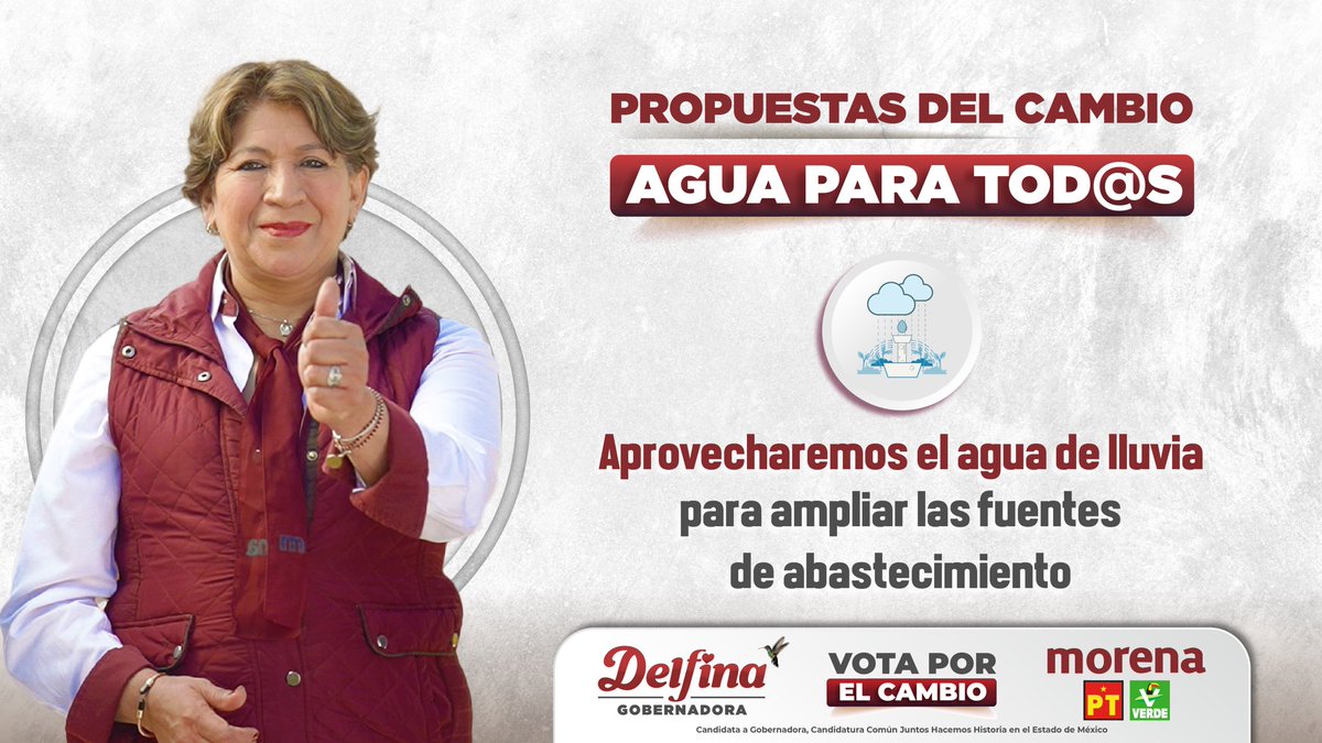 delfinagomeza's tweet photo. El agua es un recurso importantísimo para las familias #mexiquenses, pero muchas no tienen acceso a este vital líquido. Por eso, quiero que aprovechemos las temporadas de lluvias en el #Edomex para que nunca más nos falte este recurso.

#DelfinaGobernadora #VotaPorElCambio https://t.co/l6v6i6kz1G