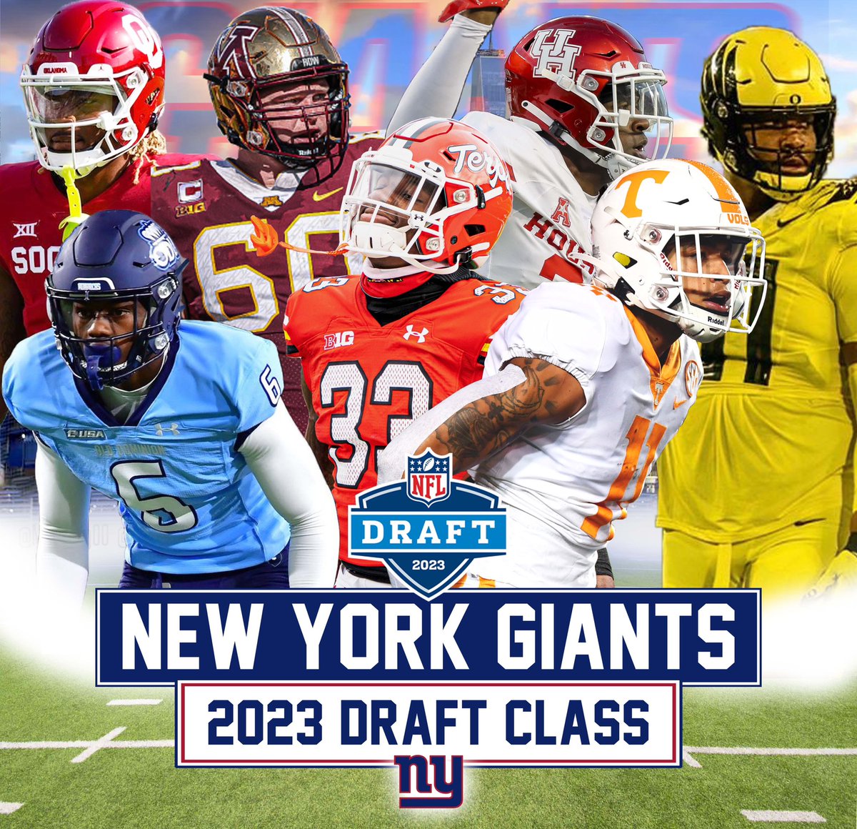 NYGDaily's tweet photo. #Giants 2023 Draft Class

Round 1, Pick 24: CB Deonte Banks
Round 2, Pick 57 C John Michael Schmitz
Round 3, Pick 73: WR Jalin Hyatt
Round 5, Pick 172: RB Eric Gray
Round 6, Pick 209: CB Tre Hawkins
Round 7, Pick 243: DT Jordan Riley
Round 7, Pick 254: S Gevarrius Owens https://t.co/QHrevEOj1O