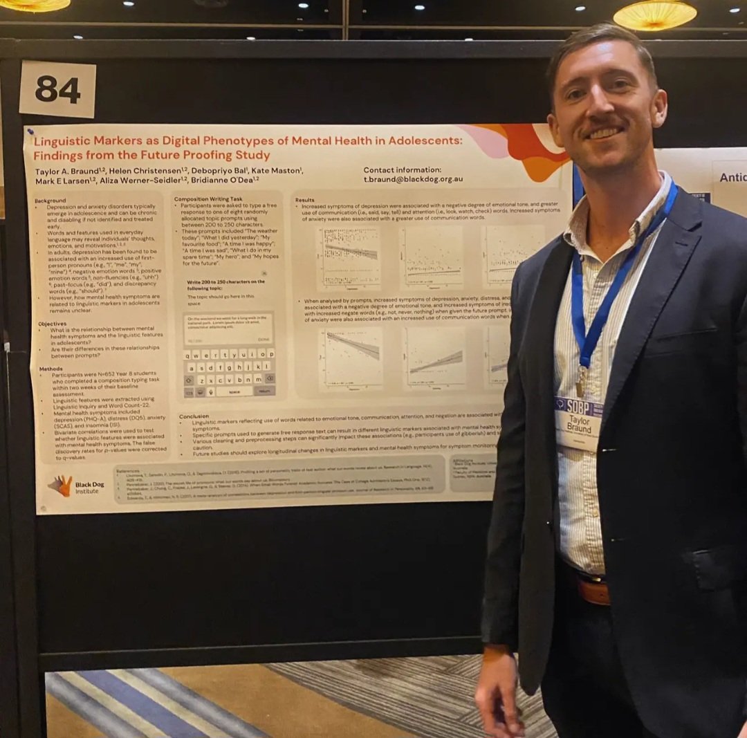 Can #linguistic markers be leveraged as #digital phenotypes of #mentalhealth in youth? Come find my poster at #SOBP2023 to learn about our recent findings from the Future Proofing Study <a href="/SOBP/">Society of Biological Psychiatry</a> <a href="/BiologicalPsyc1/">Biological Psychiatry</a> <a href="/alizaws/">Aliza Werner-Seidler</a> <a href="/bridianne/">Bridianne O'Dea</a> <a href="/blackdoginst/">Black Dog Institute</a> <a href="/UNSW/">UNSW</a>
