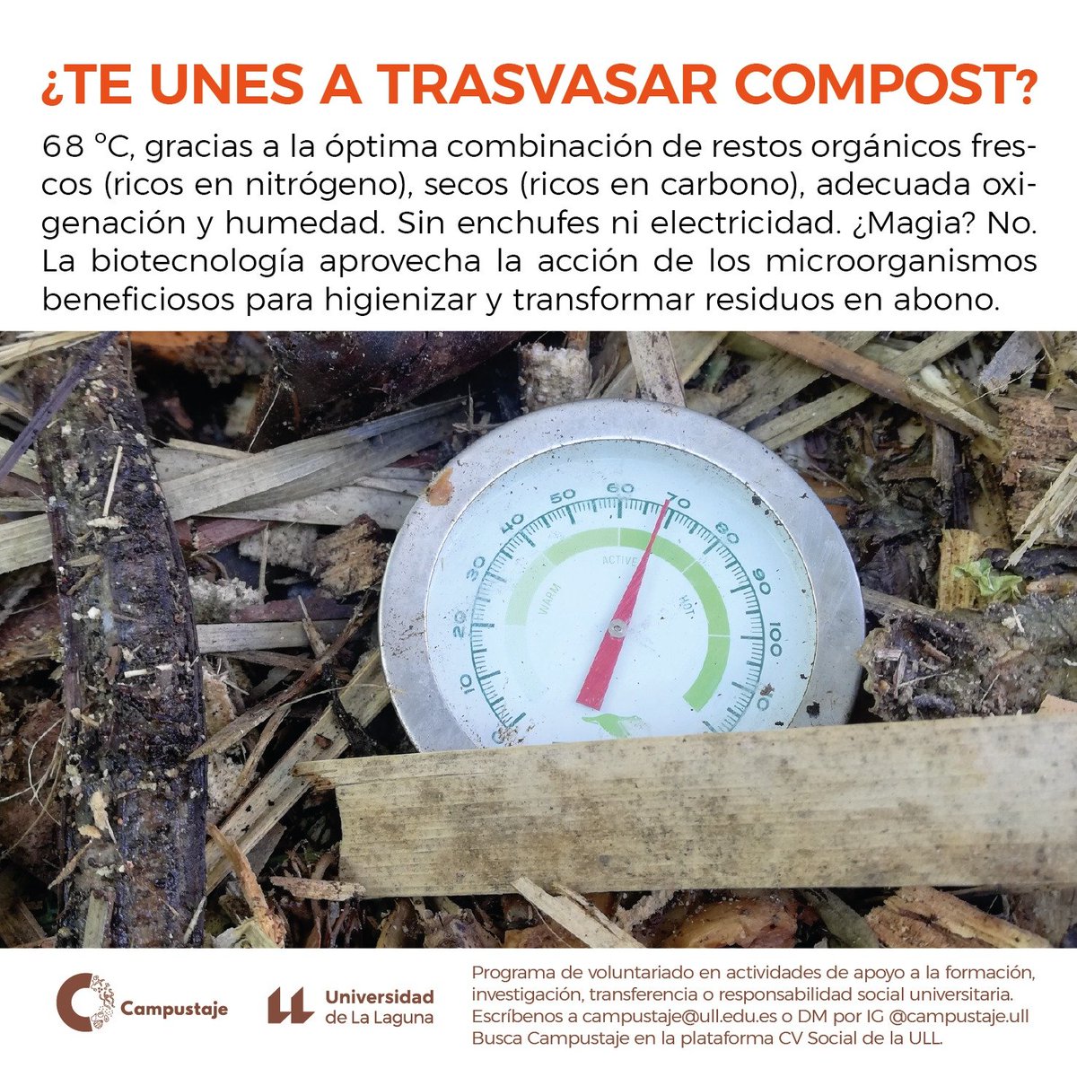 campustaje's tweet photo. Martes 2/05, 15:30h, nos juntamos en Zona de Compostaje Aulario Guajara  @ULL para TRASVASAR la materia orgánica en proceso de compostaje, de unos módulos a otros. ¿Sabías que en solo 3m3 podemos convertir hasta 6 t/año de residuos en abono? NO transporte, NO emisiones.
¿TE UNES! https://t.co/n6wFFxNkfX