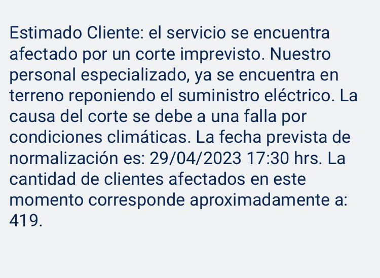 MauroPintoBass's tweet photo. Señores @saesa llevamos más de 30 horas sin luz.
Desde qué hora el personal especializado está en terreno?
Ahh y ya pasaron 17:30 son prácticamente las 19 hrs. #eso
#arenal #Valdiviacl #salidanorte
#kilometro2
#apuren #juegaelconce
#porstriming https://t.co/cFIYAz7M7y