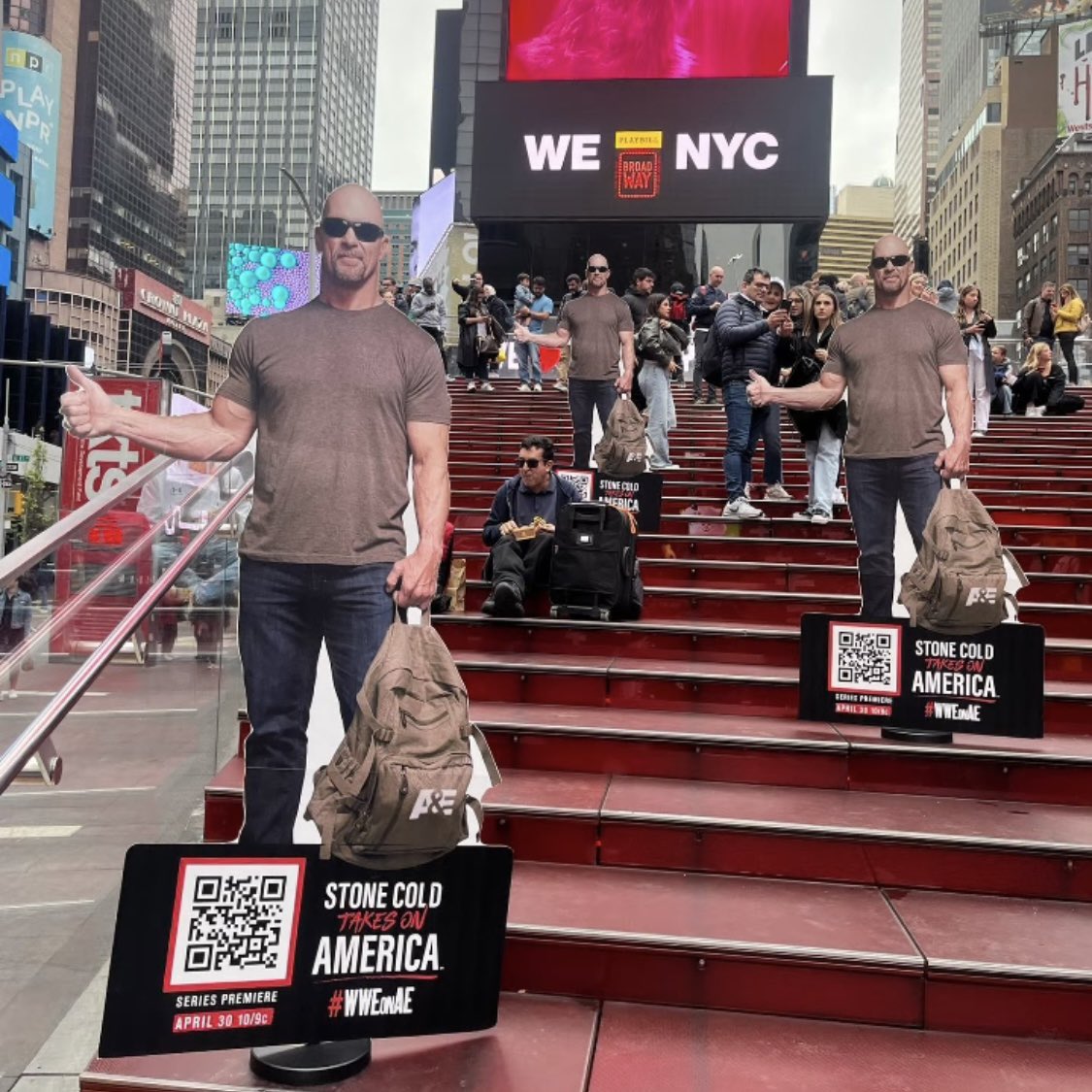 WWEonAE's tweet photo. “Stone Cold” is taking on America... LITERALLY! Look out for life-sized @SteveAustinBSR cutouts in select cities across the country this weekend &amp; share your photos using #WWEonAE! For more details, visit https://t.co/ayLJqHroec #WWEonAE https://t.co/F2rrcmwTjc