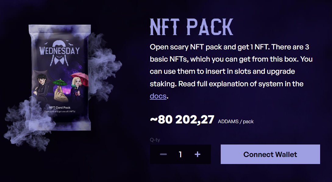 🔥BUY packs with NFTs and boost your APR! 
Buy = wednesday-nft.com/nft-pack
Stake= wednesday-nft.com/staking 

There are 3 types: = more rare = higher APR in staking. Try your luck and get the best ones! (really cheap to try)

#wednesdaynft #crew3 #bsc #nft