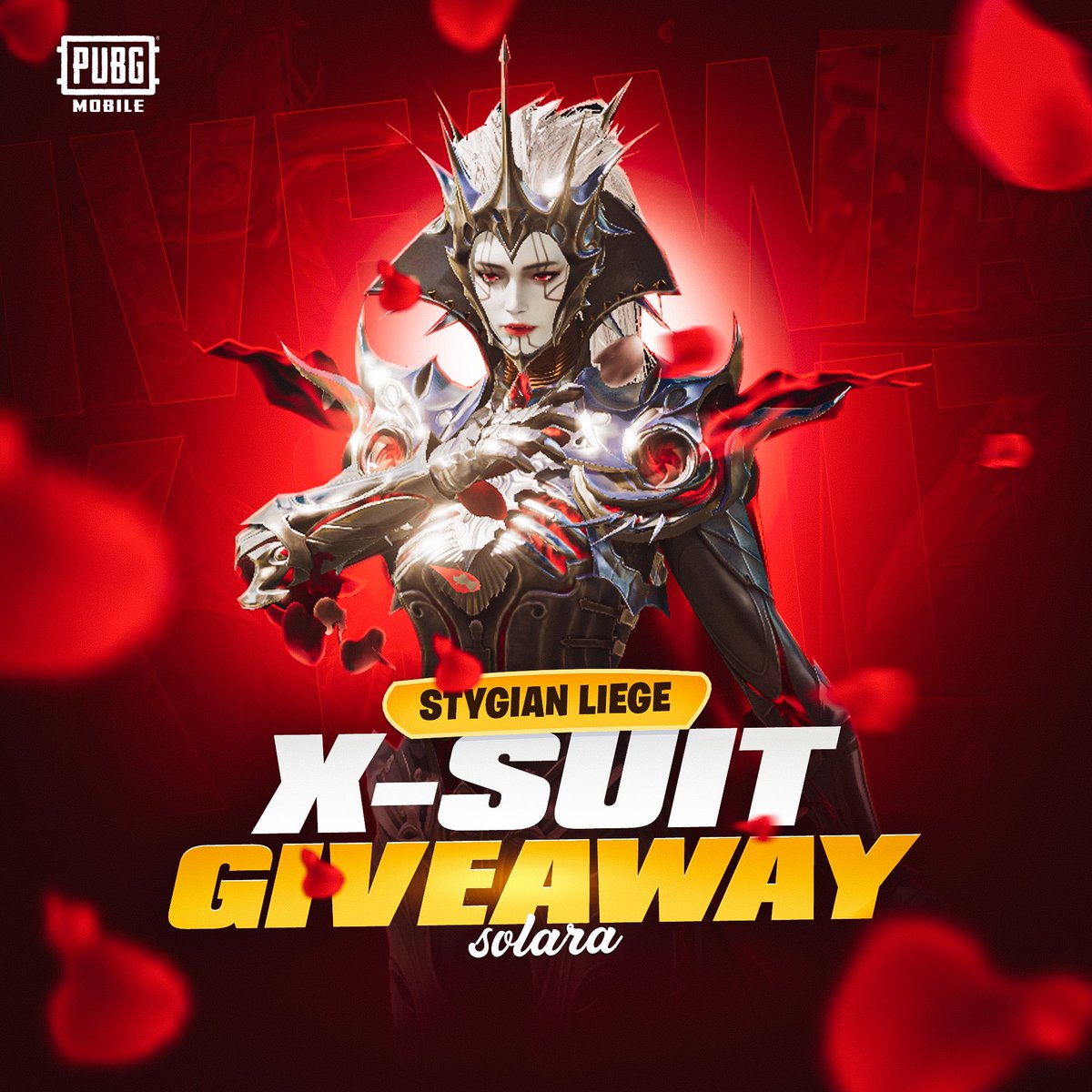 🩸 X-SUIT GIVEAWAY 🩸

- I will be giving away 1x Stygian Liege X-Suit to a lucky winner in <a href="/PUBGMOBILE/">PUBG MOBILE</a> 

RULES:  

- Follow me on Twitter! <a href="/ItsSolaraa/">Solara</a> 
- Like this post! 
- Tag a friend in the comments! 

I will be selecting the winner WEDNESDAY 05/03 @ 5PM PST. GOODLUCK! ❤️