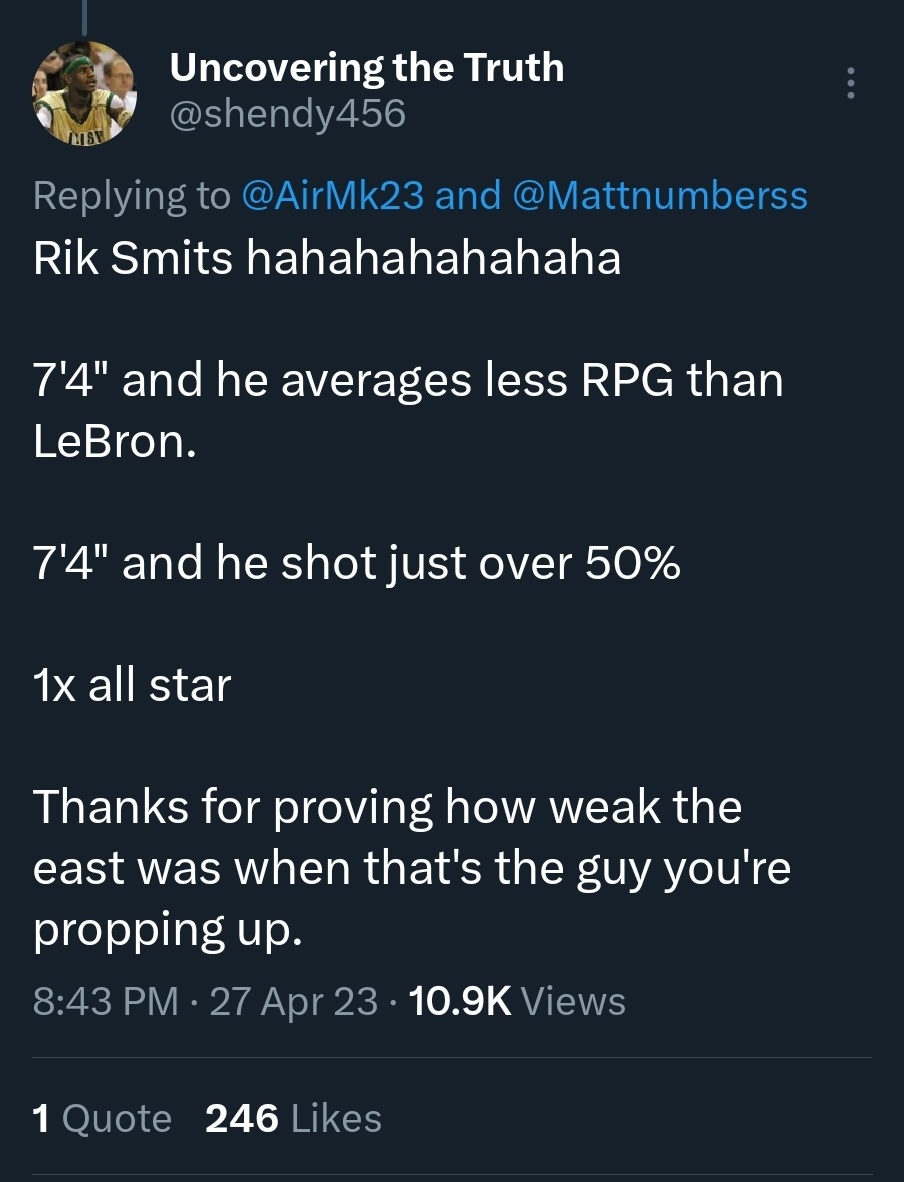 clickthatfollow's tweet photo. "Why does Kobe get a pass for Shaq taking home 3 straight Finals MVPS?"

You answered your own question 3 days ago goofy.

Kobe was matching up vs HOF Reggie Miller, Allen Iverson &amp; Jason Kidd in those 3 Finals. 

Shaq was matching up vs Rik Smits, Dikembe &amp; Todd McCullough.

🤡 https://t.co/fnO67bDskS