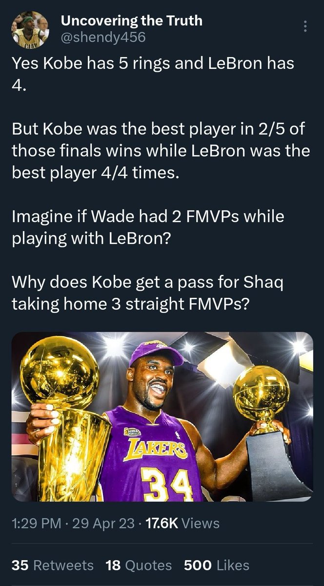clickthatfollow's tweet photo. "Why does Kobe get a pass for Shaq taking home 3 straight Finals MVPS?"

You answered your own question 3 days ago goofy.

Kobe was matching up vs HOF Reggie Miller, Allen Iverson &amp; Jason Kidd in those 3 Finals. 

Shaq was matching up vs Rik Smits, Dikembe &amp; Todd McCullough.

🤡 https://t.co/fnO67bDskS