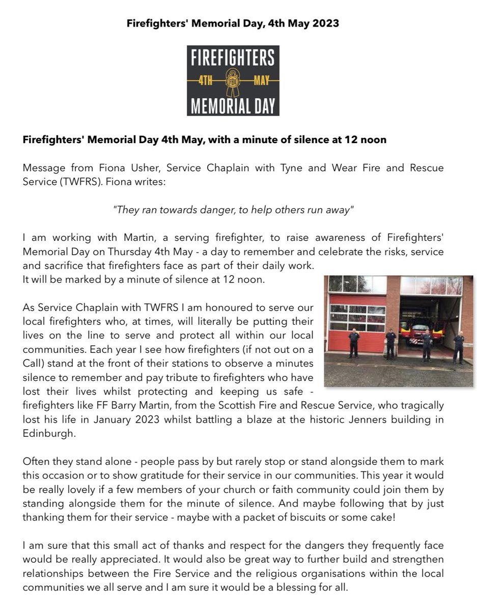 Thursday 4 May is #FirefightersMemorialDay, a day to remember those who run towards danger to keep our communities safe! 

Below is a message from <a href="/nim_fiona/">FionaUsher</a> about her hopes for the day with a minute’s silence at 12pm holding before God those who sacrifice their lives for others
