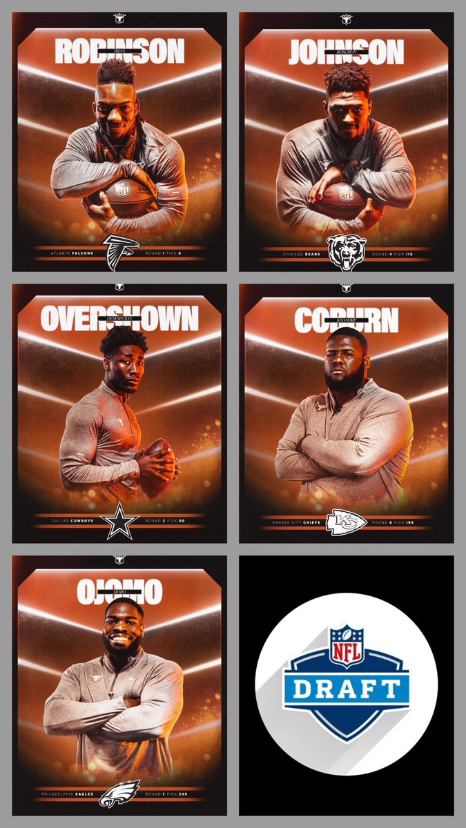 UT_Bianco's tweet photo. Congrats to our 5️⃣ Longhorns selected in this year’s NFL Draft (@Bijan5Robinson, @AGENT0__, @roschon, @KeondreCoburn99 &amp; @MoroOjomo).

That matches the most picks in a draft for @TexasFootball since 2010🤘🏻 https://t.co/Zdms39cEsj