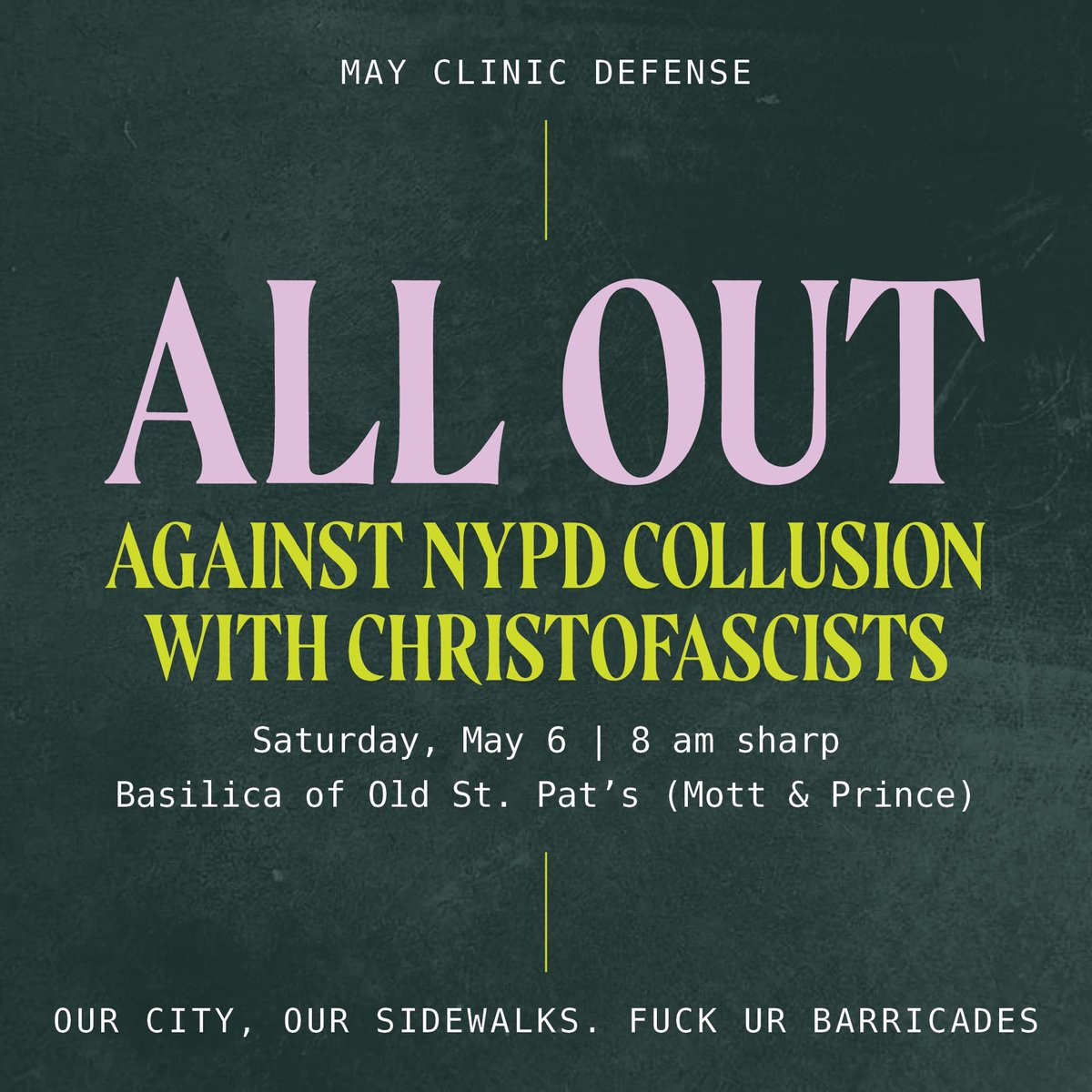 nycforabortion's tweet photo. NEXT CLINIC DEFENSE: May 6th! 

Last month, the NYPD ADMITTED they work with the Archdiocese of NY to prevent our counterprotest and provide an escort. 

They set up barricades along Mott St, lined them with riot cops, and told us we’d be arrested if we even touched them. 1/2 https://t.co/QmprNGBrAA