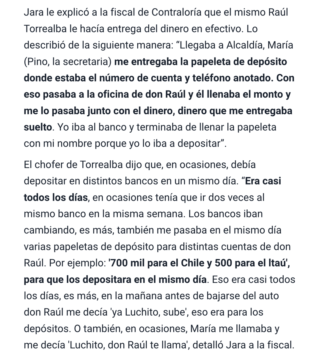 hernan_sr's tweet photo. ESCANDALOSO
El chofer de Torrealba en su declaración confirma que al exalcalde le depositaba casi todos los días dinero en por los menos en 2 bancos y los miercoles a la señora de Torrealaba, maría Simonetti.
La suma de todos los depósitos en efectivo por semana eran aproximadamente 2 millones de pesos semanales, o sea, 8  millones de pesos mensuales para la familia Torrealba- Simonetti, si el fiscal no mueve la raja para meter preso a este ladrón quiere decir que la corrupción está instalada y además normalizada en este país.
@GabrielBoric
