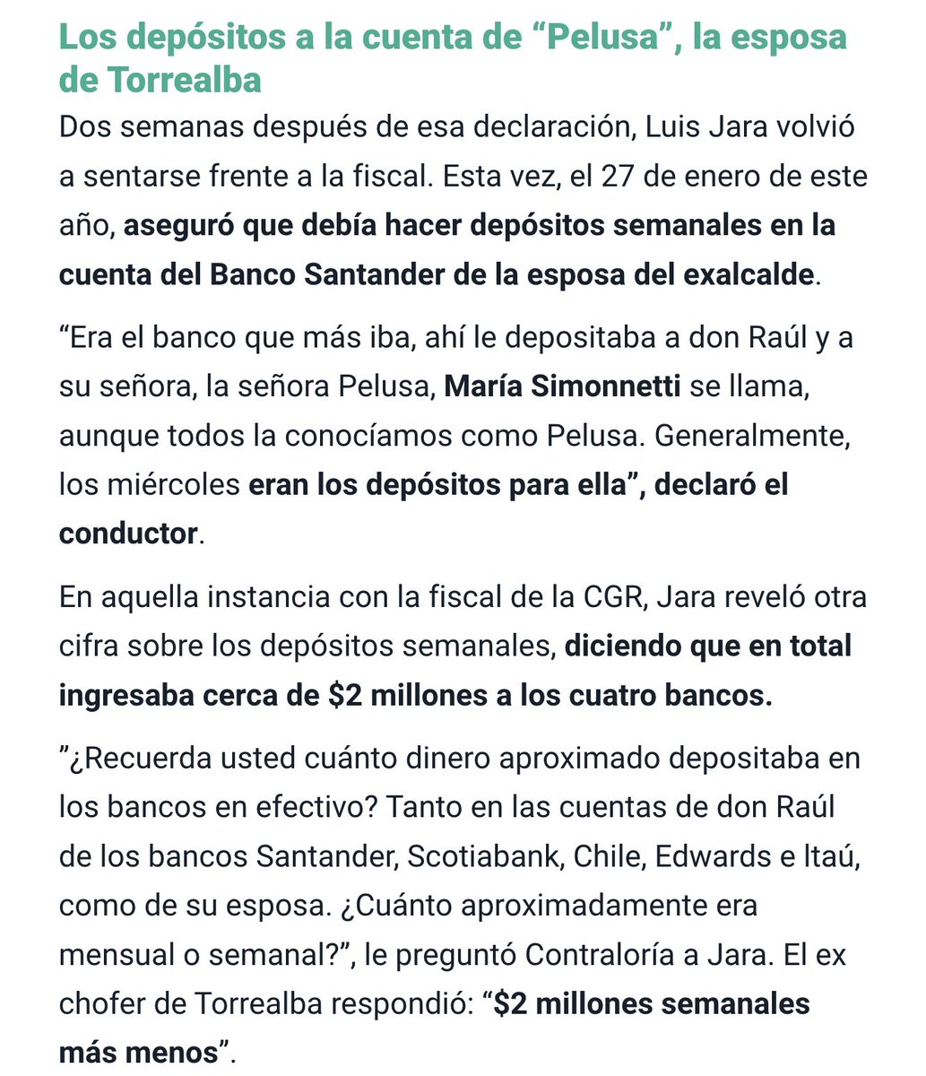 hernan_sr's tweet photo. ESCANDALOSO
El chofer de Torrealba en su declaración confirma que al exalcalde le depositaba casi todos los días dinero en por los menos en 2 bancos y los miercoles a la señora de Torrealaba, maría Simonetti.
La suma de todos los depósitos en efectivo por semana eran aproximadamente 2 millones de pesos semanales, o sea, 8  millones de pesos mensuales para la familia Torrealba- Simonetti, si el fiscal no mueve la raja para meter preso a este ladrón quiere decir que la corrupción está instalada y además normalizada en este país.
@GabrielBoric