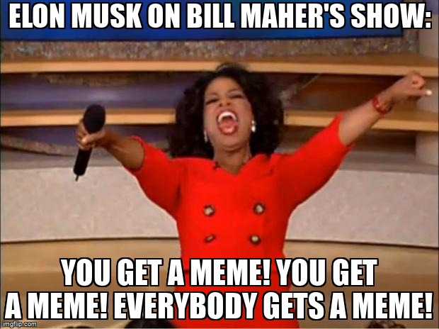RiskAverseTech's tweet photo. @RealTimers @elonmusk @HBO When @elonmusk talks about dealing memes on a talk show, you know it's meme-ception! 🤯 

On Bill Maher's show, the meme dealer himself became the subject of a meme. 

It's memes all the way down! 🔄🚀 #MetaMemes https://t.co/5GL42YSSPZ
