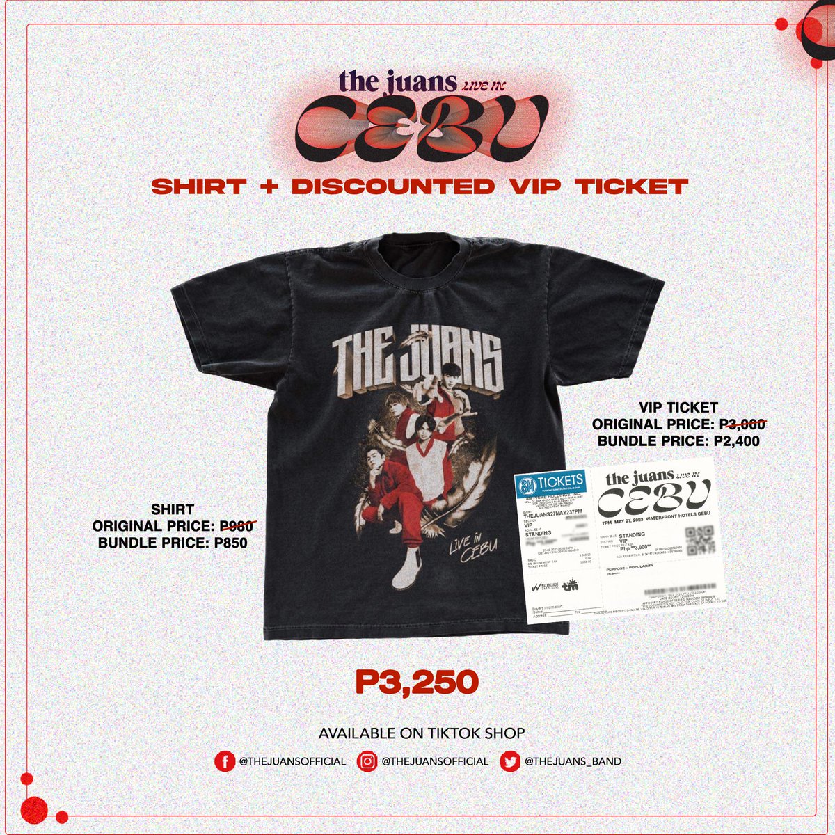TheJuans_BAND's tweet photo. Complete your #TheJuansLiveInCebu OOTD with our official concert shirt! For only P980!!
At kung wala ka pang tickets, we have a bundle just FOR YOU!

Get yours now via tiktok shop!
🔗 https://t.co/5lvB8uI4Xt https://t.co/BQCDk0EsuW