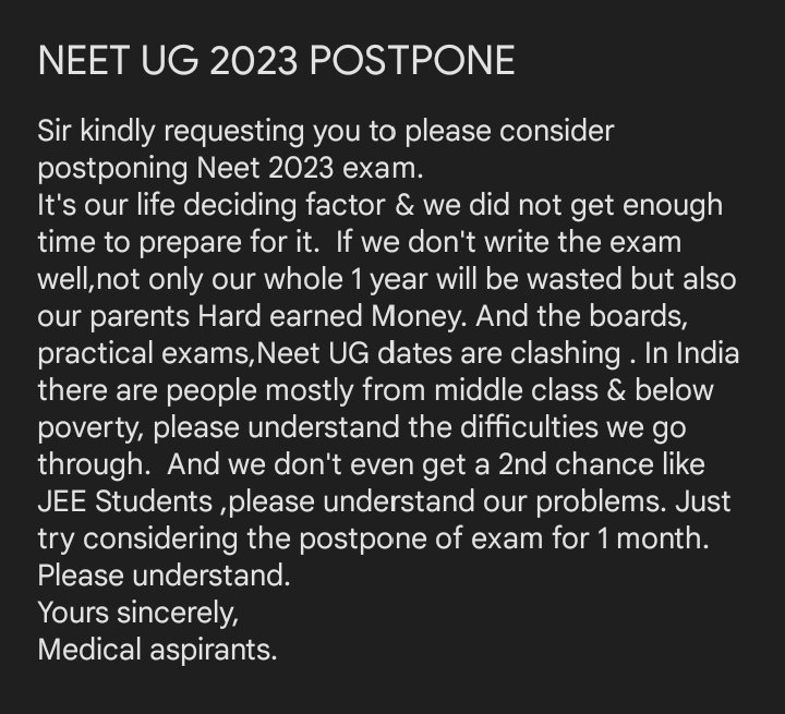 Mehkule_00's tweet photo. Si please understand the difficulties we go through,please postpone neet UG exam #NEETUG2023POSTPONE #NEETUG2023 #postponeNEETUG2023 https://t.co/v53rhu1Q4T