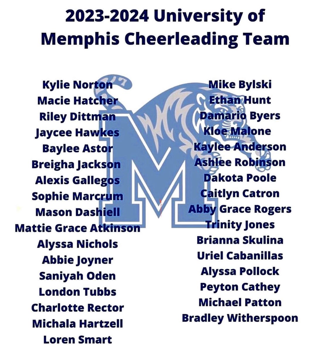 godragonscheer's tweet photo. Congratulations to Mattie Grace Atkinson for making the 2023-24 University of Memphis cheer team! We can’t wait to watch you join Kloe, Alyssa, and Sophie in cheering on the Tigers! https://t.co/i3DKOzCNfI