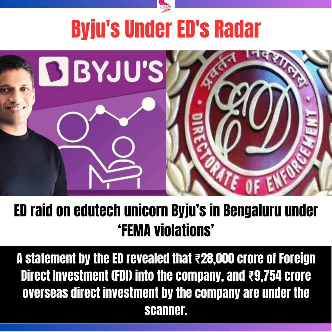 Saga1Media's tweet photo. ED searches premises linked to Byju’s over alleged violation of forex rules
#ED #enforecementdirectorate #byjus #india #indiangovernment #makeupyourmind #JungKook #KhosiTwala #BYJUS https://t.co/DsFE2coXIa