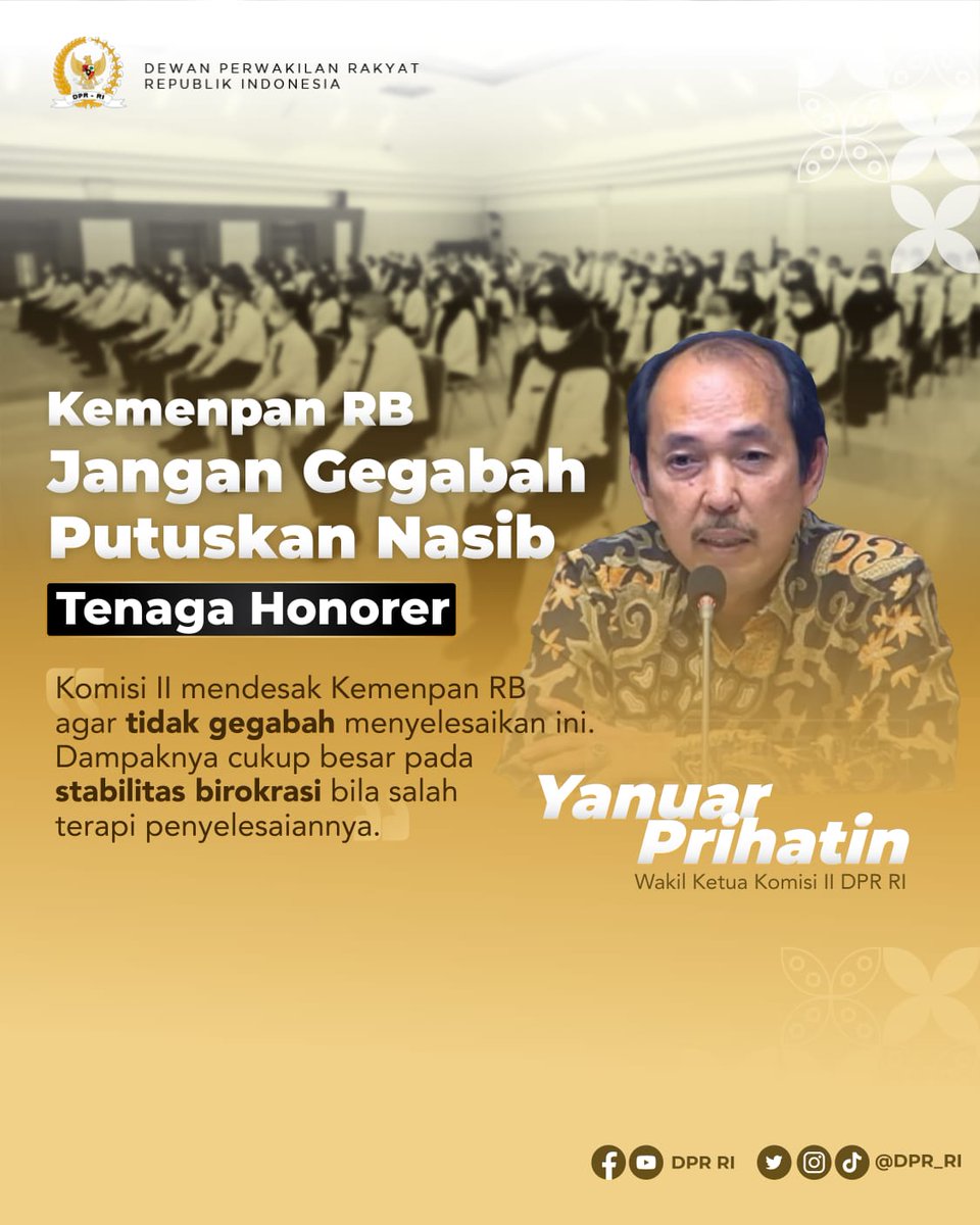 Wakil Ketua Komisi II DPR RI Yanuar Prihatin menyebutkan tdk akan terjadi penghapusan dan PHK massal tenaga honorer pd akhir 2023.

Tenaga honorer akan tetap bekerja di instansi Pemerintah.
Baguslah kalo begitu, kasian mereka yg sdh mengabdi cukup lama.

#TenagaHonorer
#Komisi2