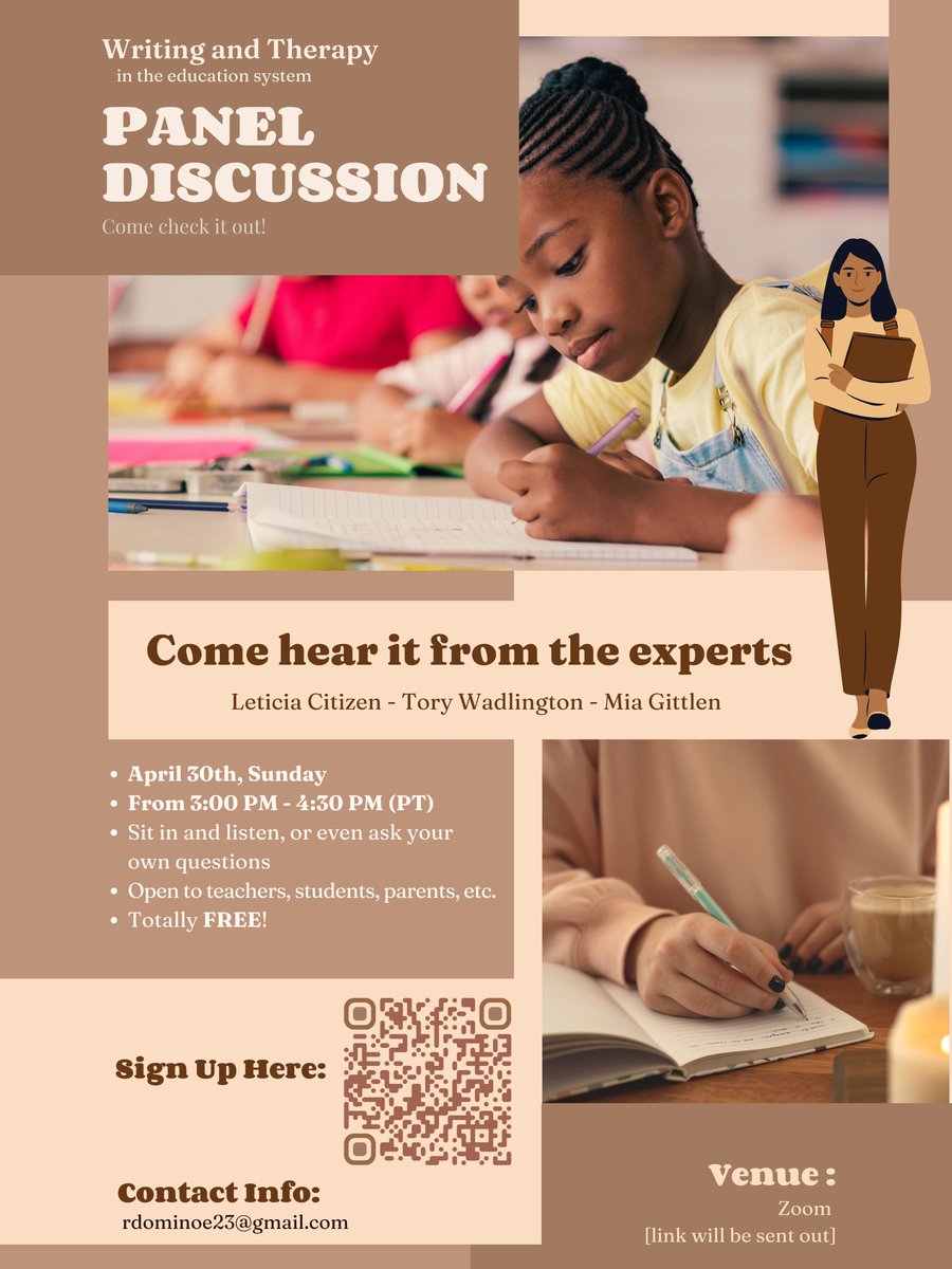 CitiCoach's tweet photo. There is still time to register.
Don't miss this panel discussion w/@citicoach, @ThatDopeTeacher, & @miagittlen.
"Writing & Therapy in the Education System"
Sun, Apr 30
3 PM - 4 PM (PT)
https://t.co/zi1e4jT3et
#WritingTherapy #SeniorCapstone @SueThotz @ProfSomo @HistoryFrog https://t.co/uBDslbF6A6