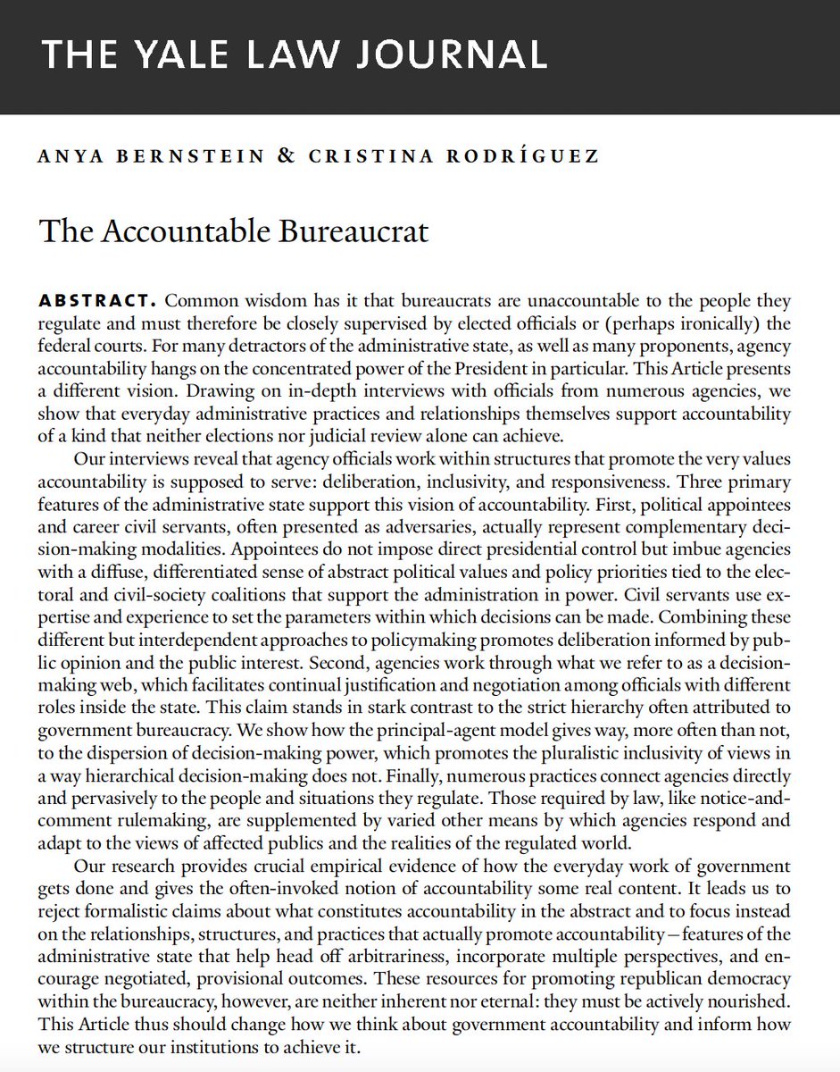 YaleLJournal's tweet image. @anyabernstein (@UConnLaw) and @cmrodriguez95 (@YaleLawSch) draw on in-depth interviews with agency officials to show that administrative practices support accountability of a kind that neither elections nor judicial review alone can create: yalelawjournal.org/article/the-ac…