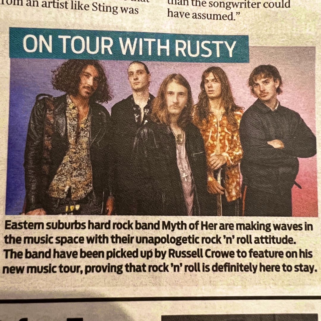 Breaking News 🗞️ It’s not every day you get featuring in the <a href="/dailytelegraph/">The Daily Telegraph</a> .Announcing our upcoming tour with <a href="/russellcrowe/">Russell Crowe</a> .
This is certainly a highlight for us❤️

As always
#mythofher 🖤
 #localbands #youtuber #sydneymusic #photography #art #lp #newmusic #rocknroll