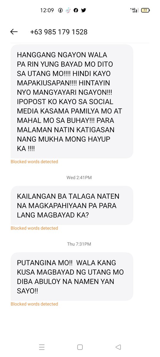 misisA25's tweet photo. Tama po bang ipahiya ako, pati pamilya kong walang kinalaman?
Tama bang murahin kami?
PAKINGGAN NYO NAMAN KAMI!

SHUT DOWN ILLEGAL AND ABUSIVE OLA
#FightOnlineLoanSharks
#UOVM @senatePH @IdolRaffyTulfo @WinGatchalian74 @SenGracePOE @Cynthia_Villar https://t.co/TnW22naVp4