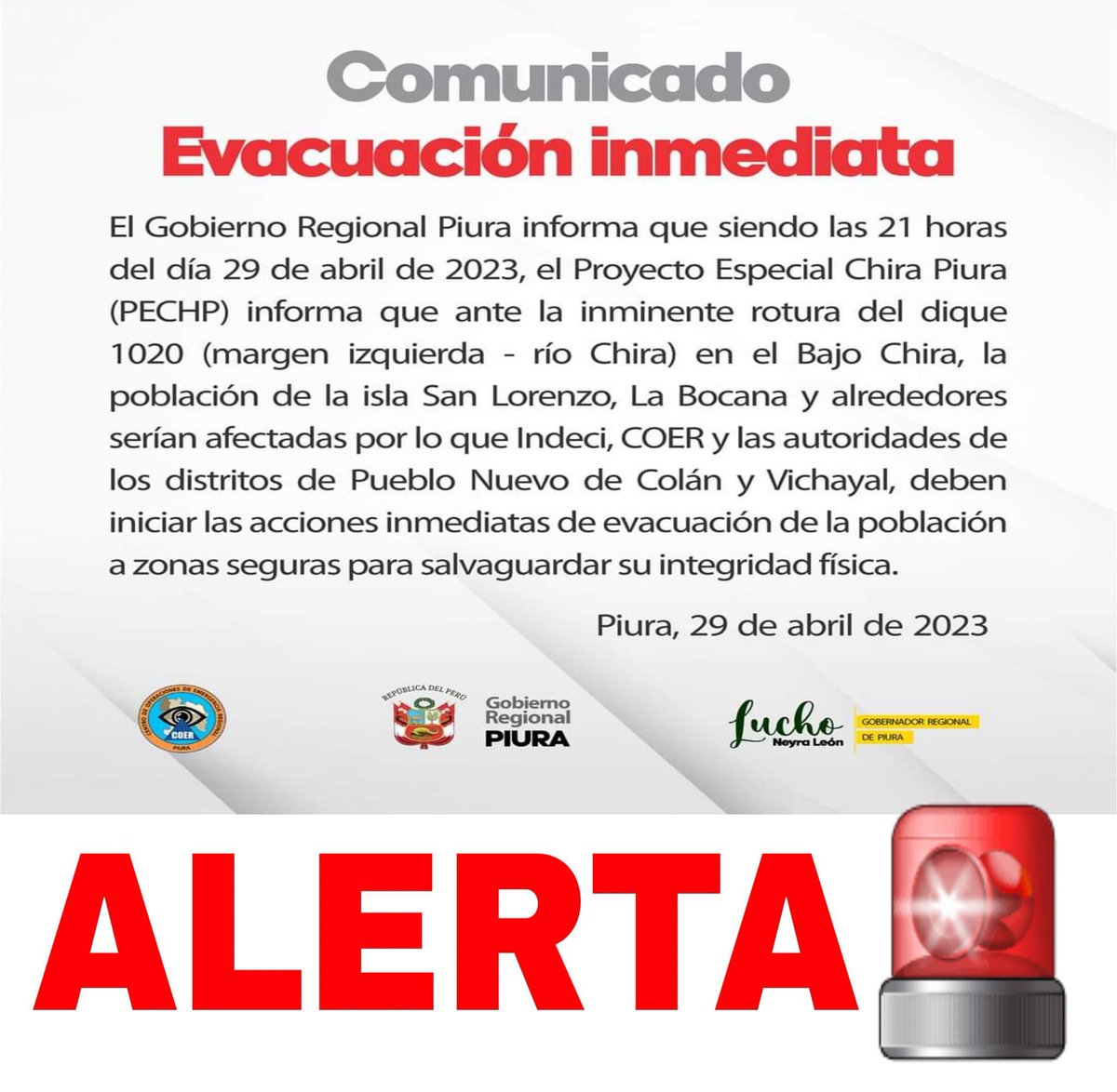 TalaraTv's tweet photo. 🔴 @TalaraTv #talaratv 🚨#Alerta🚨 | #evacuación inmediata por ruptura de dique del Río Chira #BajoChira #IslaSanLorenzo #Labocana #Pueblonuevodecolan y #Vichayal #Paita #Piura @COENPeru @GobiernoPiura #sos @pcmperu @presidenciaperu https://t.co/qpDAKSWMFy