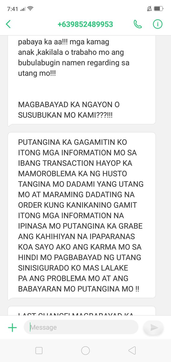 joan2826's tweet photo. Yan po ang Isa Sa mga natangap KO n msgs Ng mga ola halos mkiusap Ako Pero pinagmumura Nila KO bumagsak na po katawan KO at dumapo n po depression sakin until now under medication po Ako and still surviving pa po Sa tulong Ni ma'am@kikayBautista8 at Sa lhat Ng admin nkatayo na po https://t.co/YzWPazJ6us