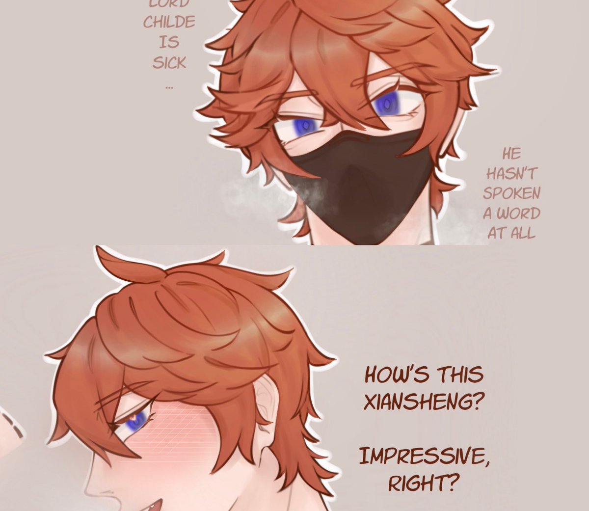 tieruuu's tweet photo. #ZhongChi 🔶💧 #鍾タル
Childe suddenly has a new mask
and he’s not talking much either 🤨

Is he sick, or…
Wait.
I think I see a bulge in the mask? 🤭

🔞 Full uncensored pic: https://t.co/9EchWHlL6d
 (2 shots + chibi Zhongli) https://t.co/yADHpXAYoh