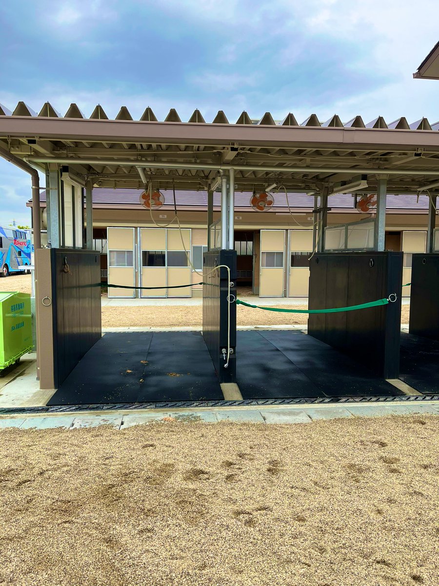jta_official_'s tweet photo. リニューアルされた京都競馬場の厩舎エリアと厩舎です！
あいにくの天気と写真の技量が残念なので伝わりにくいですが、厩舎エリアもめっっちゃ綺麗です✨😆 https://t.co/d0VYtIz8QE