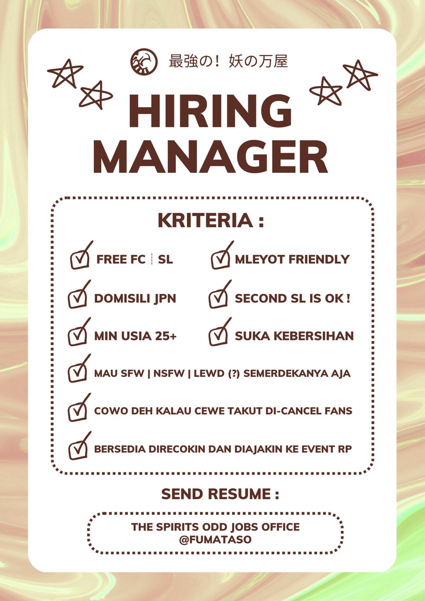 "Kalau tertarik, segera hubungi DM ya!! Untuk bagian domisili, selama bisa fleksibel artinya tidak masalah. Jumlah gaji per minggu juga bisa dibicarakan!!" ♡

↑
𝘴𝘤𝘳𝘰𝘭𝘭 𝘧𝘰𝘳 𝘥𝘦𝘵𝘢𝘪𝘭
↓