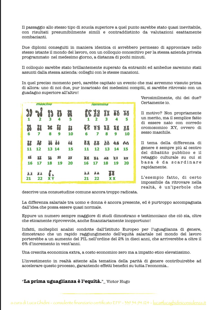 PARITÀ O VITTORIA? - Newsletter n.206 del 30 Aprile 2023

Può capitare che da una parità scaturisca una vittoria?

In ambito economico, annullando le differenze di genere, sì!

Buona lettura,     

Luca    

Per riceverla in formato pdf:  luca@lucaghidiniconsulenza.it