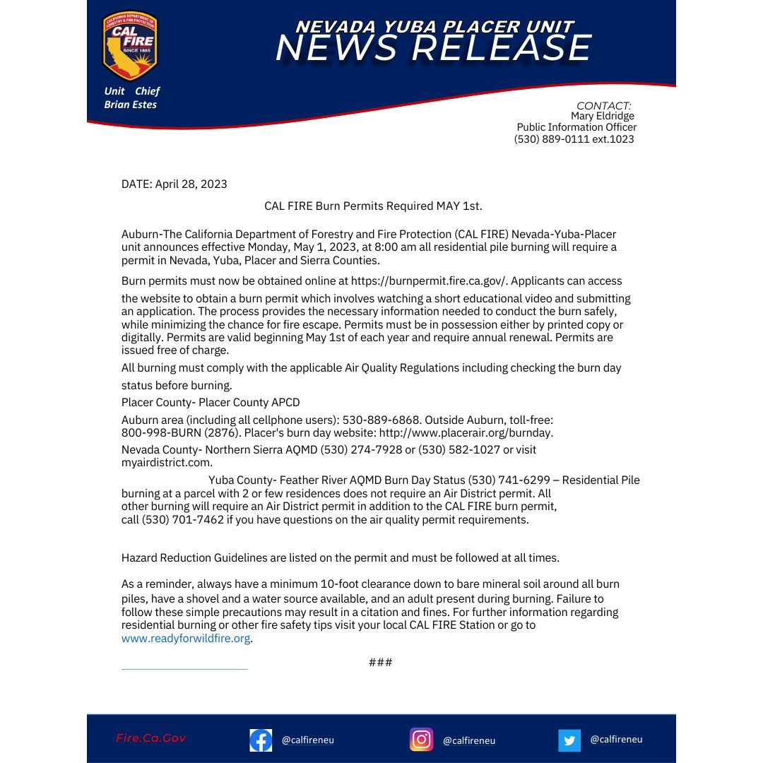 NCCFIRE's tweet photo. @calfireneu announces effective Monday, May 1, 2023, at 8:00 am all residential pile burning will require a permit in Nevada, Yuba, Placer and Sierra Counties. Burn permits must now be obtained online at https://t.co/CnLxK8BokK. P https://t.co/mmXAbzXAUk