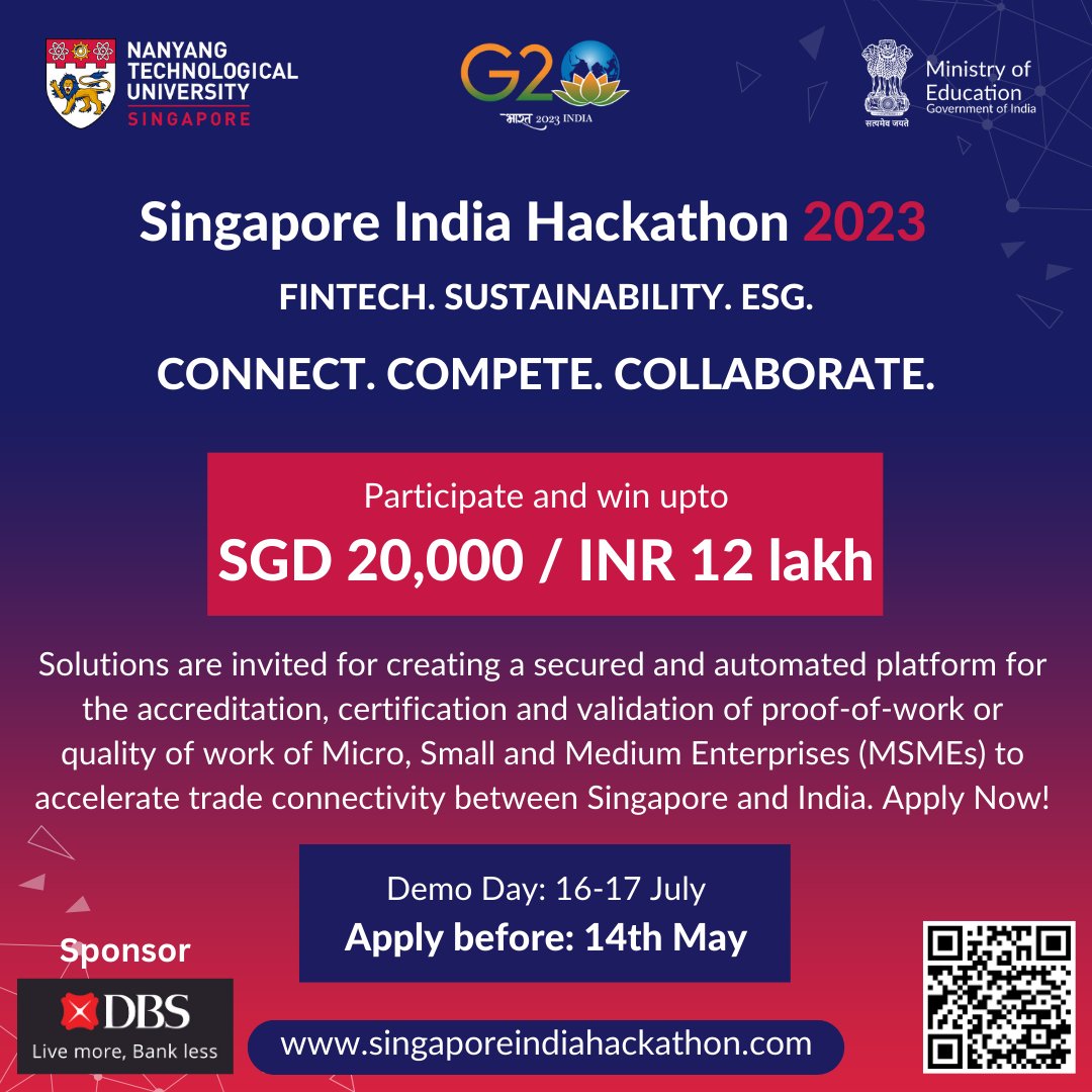 DBS Bank is proud to partner with <a href="/NTUsg/">NTU Singapore</a>  for the Singapore India Hackathon 2023 and invites applications to work on the challenge to Enhance Singapore-India Trade Connectivity. Apply before May 14, 2023, on: bit.ly/sgindhackathon

#DBSBankIndia