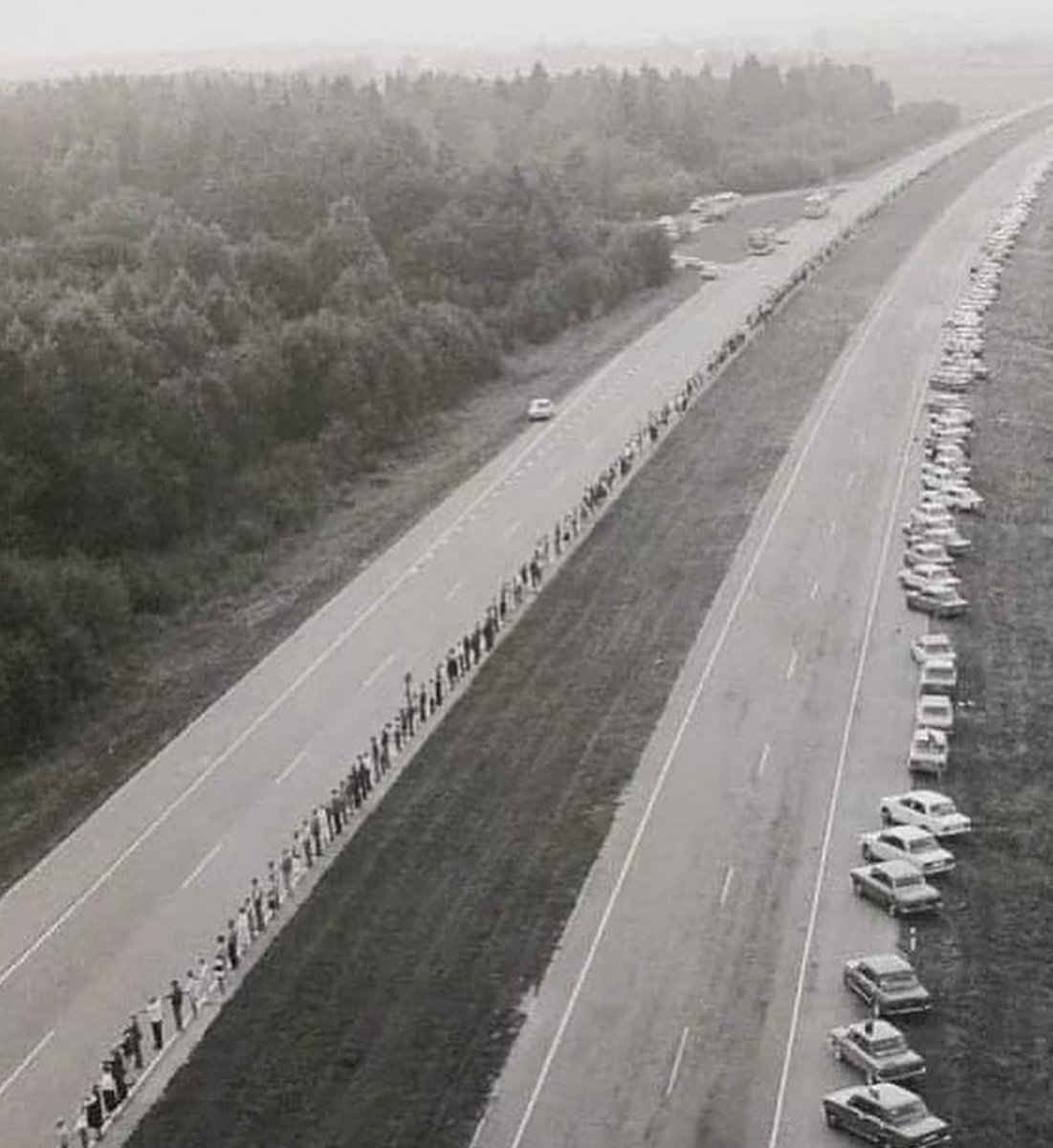 This is the Baltic Way. On 23 August 1989, two million people joined their hands to form a human chain spanning 675.5 km across the three Baltic States of Lithuania, Estonia and Latvia. The protest was against Soviet oppression, and to support the independence movements of the