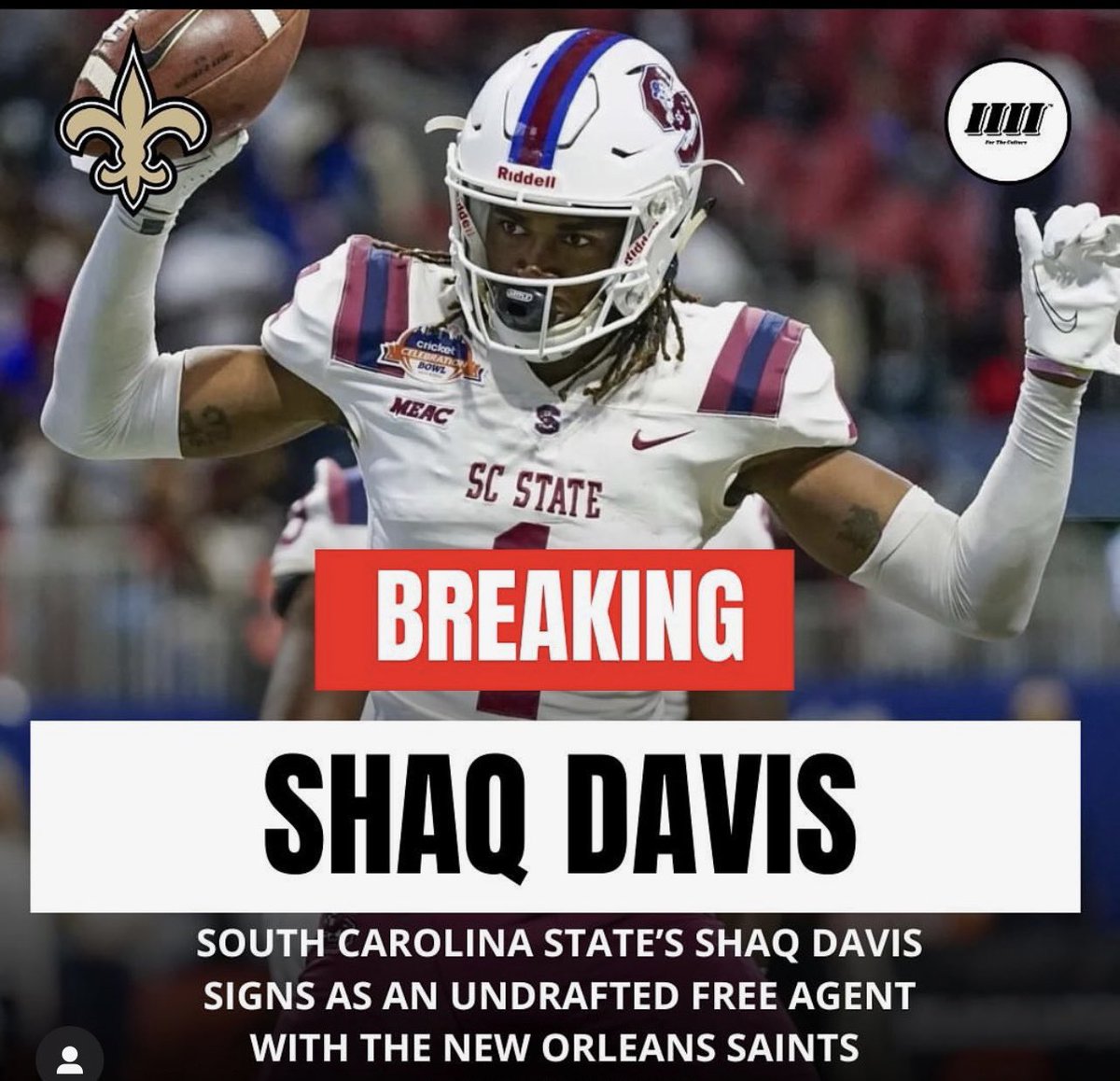 tazz03's tweet photo. Congratulations to SCState’s Shaq Davis!  New Orleans Saints!  Go Bulldogs!! 🔴🔵 https://t.co/EJuYXsIJmW