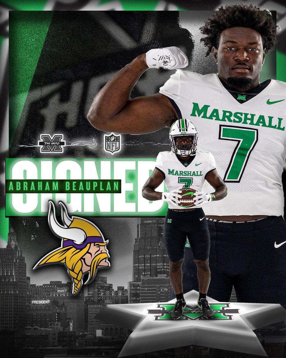 HerdFB's tweet photo. League HIM! 💯

Congratulations @AbrahamBeauplan on signing with the @Vikings 

#WeAreMarshall https://t.co/J2jCDGRACl