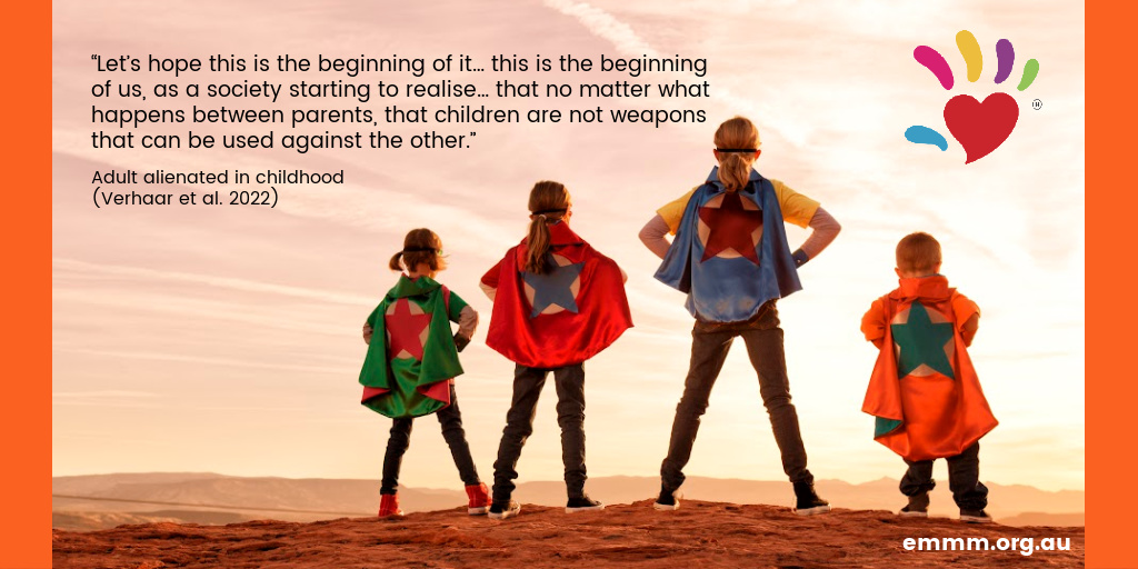 The impact of Parental Alienating Behaviours (PABs) can last for years or even a lifetime. It denies children a normal childhood free from parental conflict &amp; denies them a relationship with both parents. emmm.org.au #parentalalienation