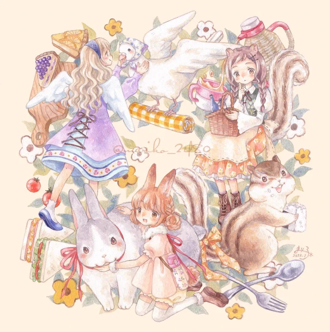 #ゴールデンウィークSNS展覧会2023 アクリル絵の具で描く少女の世界 小物や動物を描くのも好き。 最近はデジタルもお勉強し始めました