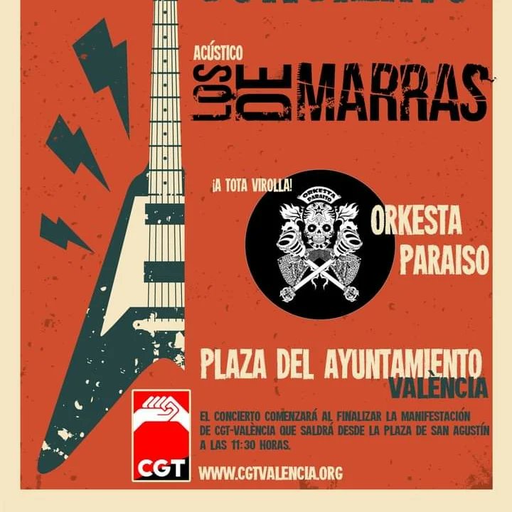 CGTvalencia's tweet photo. #1Mayo manifestación contra la pérdida de poder adquisitivo, la precariedad y la siniestralidad laboral. Conciertazo con @losdemarras #LosdeMarras y @ORKESTAPARAISO #OrkestaParaiso #CGT #Valencia https://t.co/0xd1kd9snp